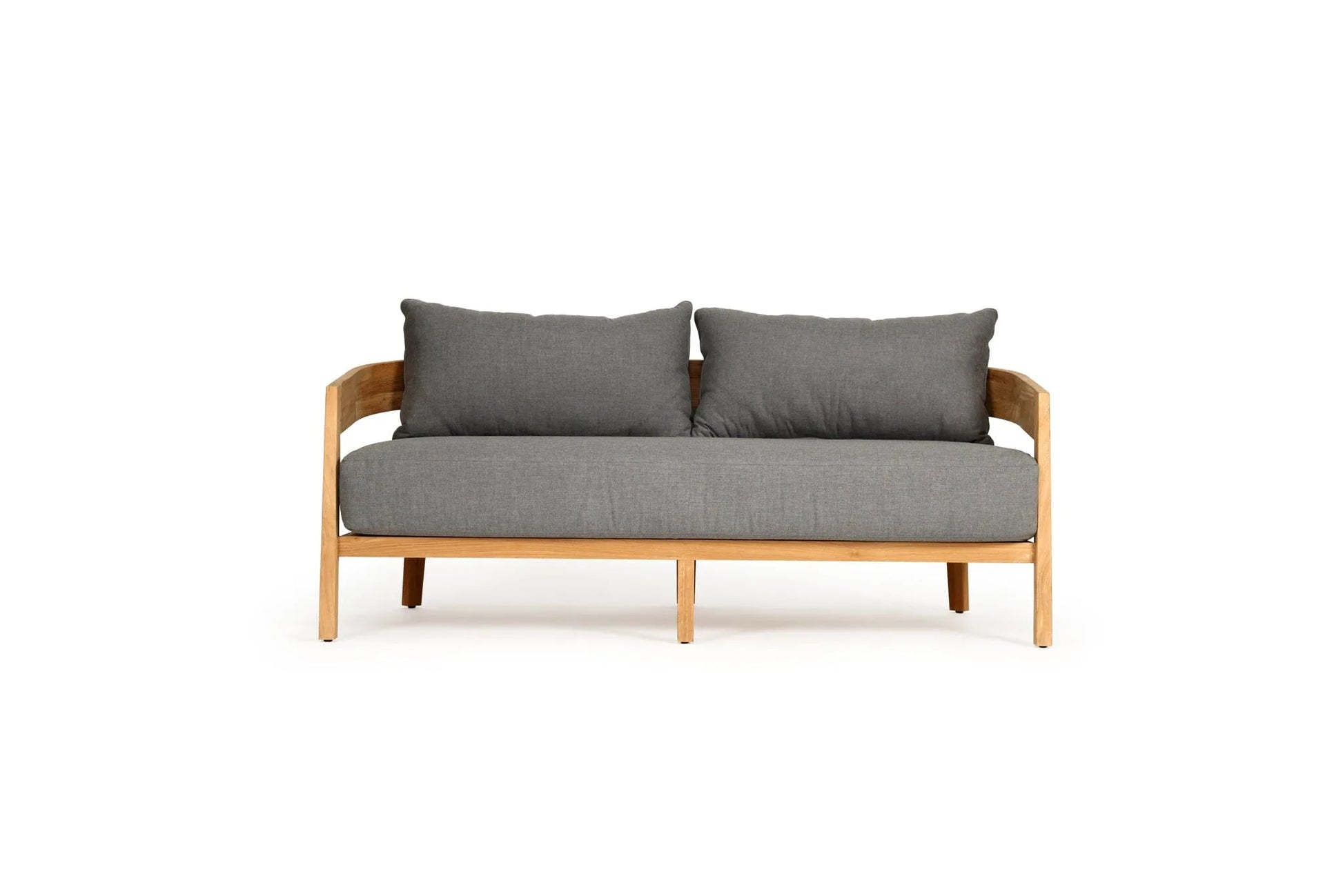 Gray sofa with wooden frame on a white background