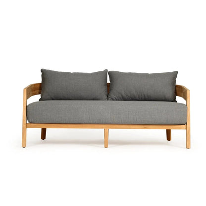 Gray sofa with wooden frame on a white background