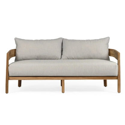 Sofa with wooden frame and light gray cushions on a white background