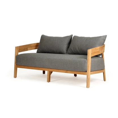 Wooden sofa with gray cushions on a white background