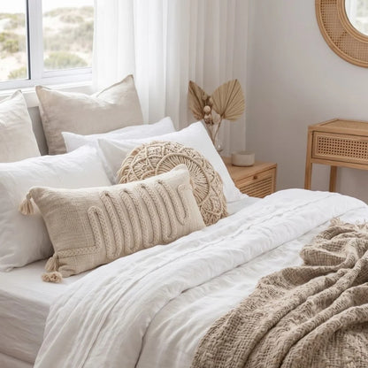 Modern coastal bedroom featuring Sun Republic bedding and layla cushion