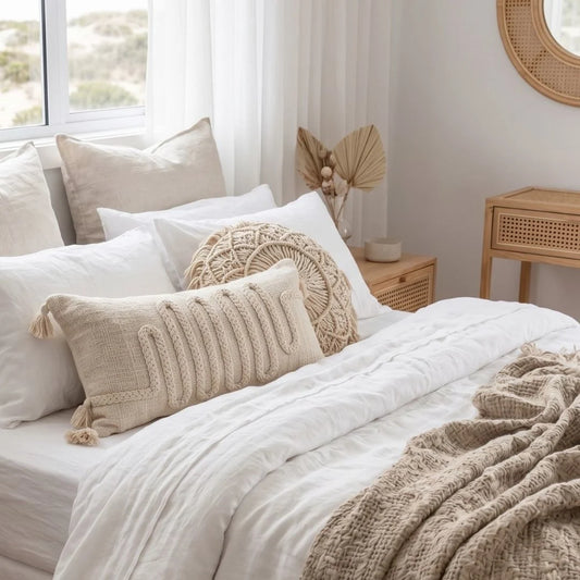 Modern coastal bedroom featuring Sun Republic bedding and layla cushion