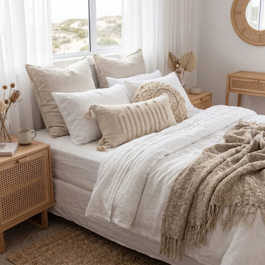 Modern coastal bedroom featuring Sun Republic bedding, rattan furniture and layla cushion