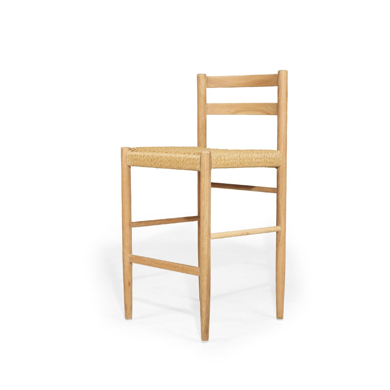 American Oak Kitchen Counter Stool with back rest and woven seat on a white background