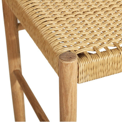 American Oak Kitchen Counter Stool with back rest and woven seat on a white background