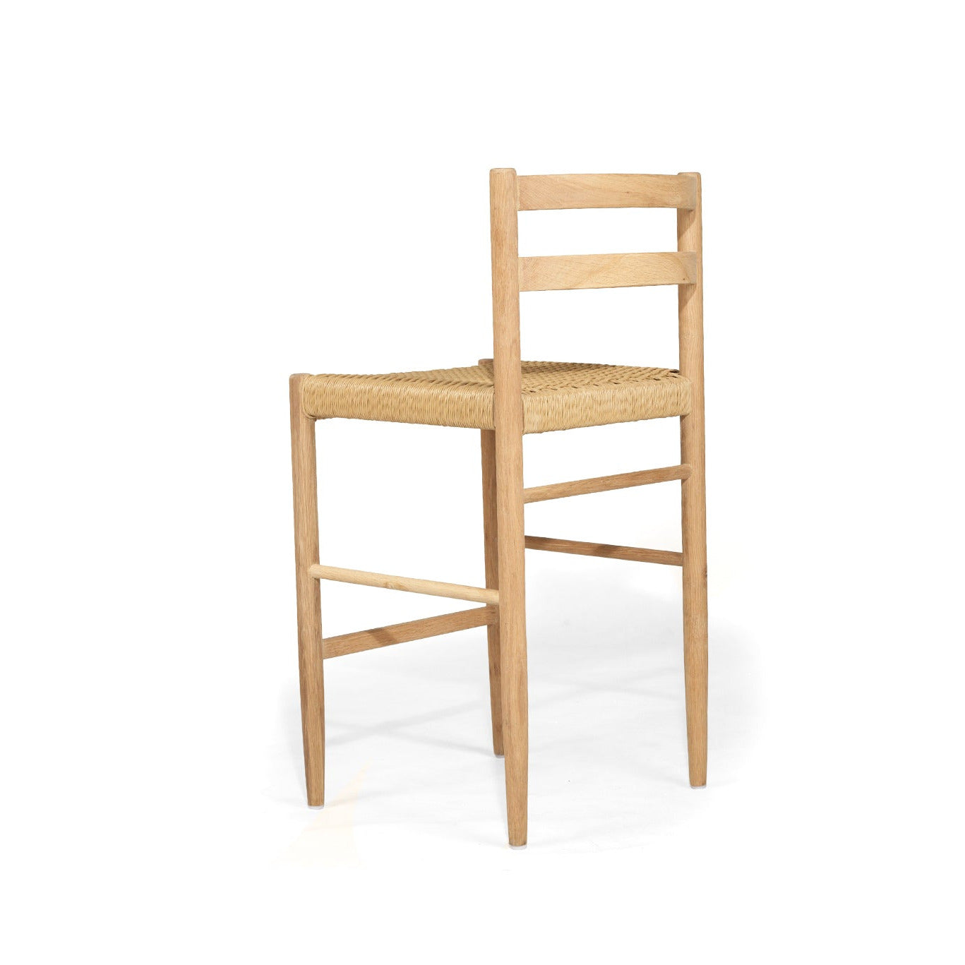 American Oak Kitchen Counter Stool with back rest and woven seat on a white background