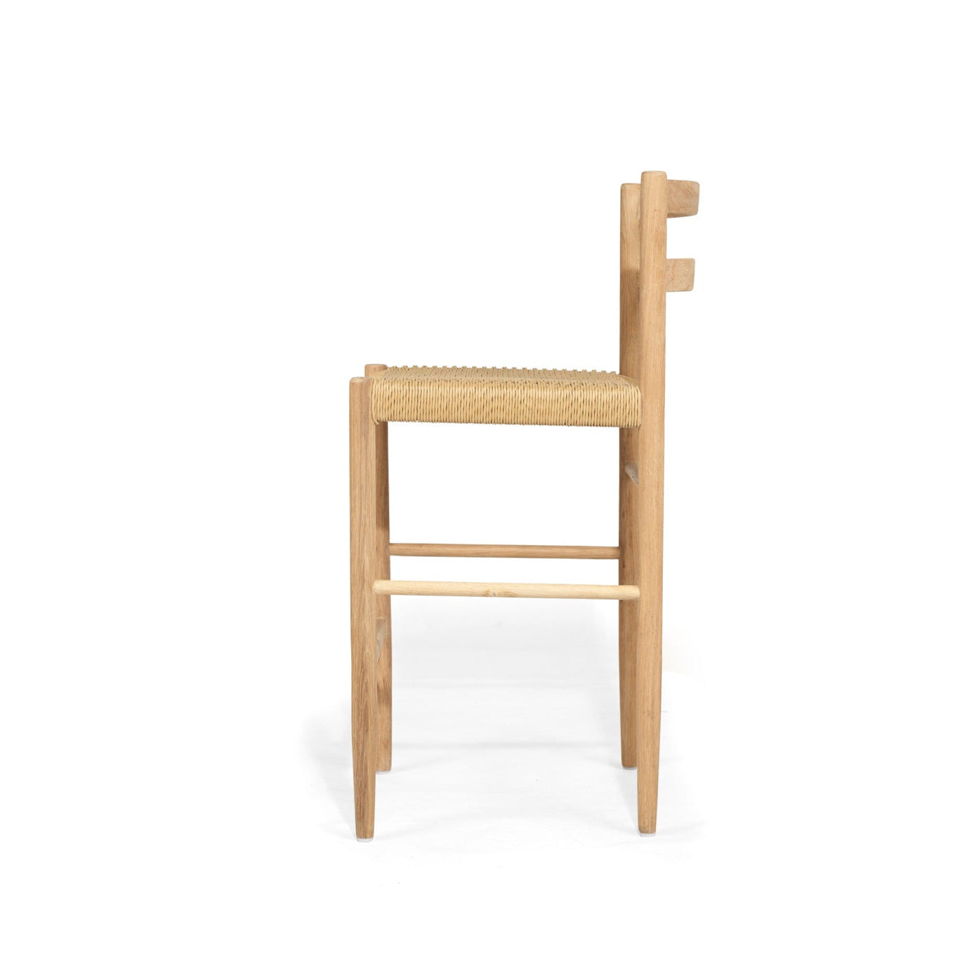American Oak Kitchen Counter Stool with back rest and woven seat on a white background