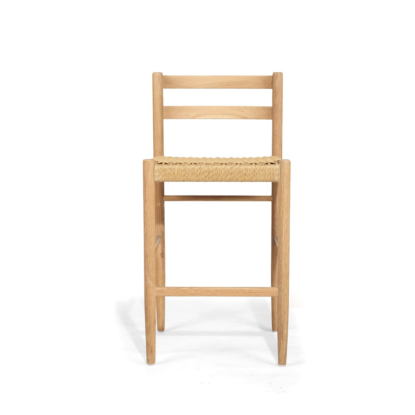 American Oak Kitchen Counter Stool with back rest and woven seat on a white background
