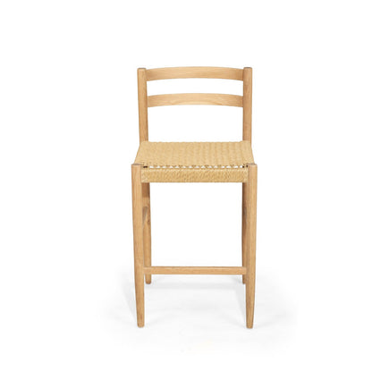American Oak Kitchen Counter Stool with back rest and woven seat on a white background