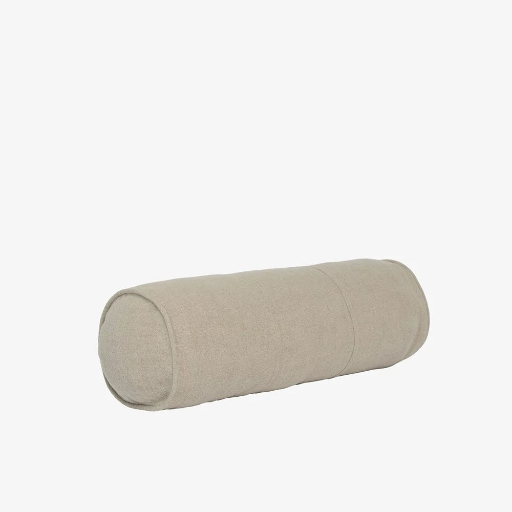 A cylindrical lumbar pillow in a light beige linen fabric, shown on a plain white background.