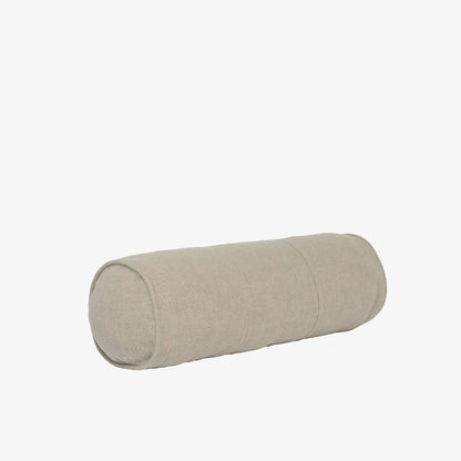 A cylindrical lumbar pillow in a light beige linen fabric, shown on a plain white background.