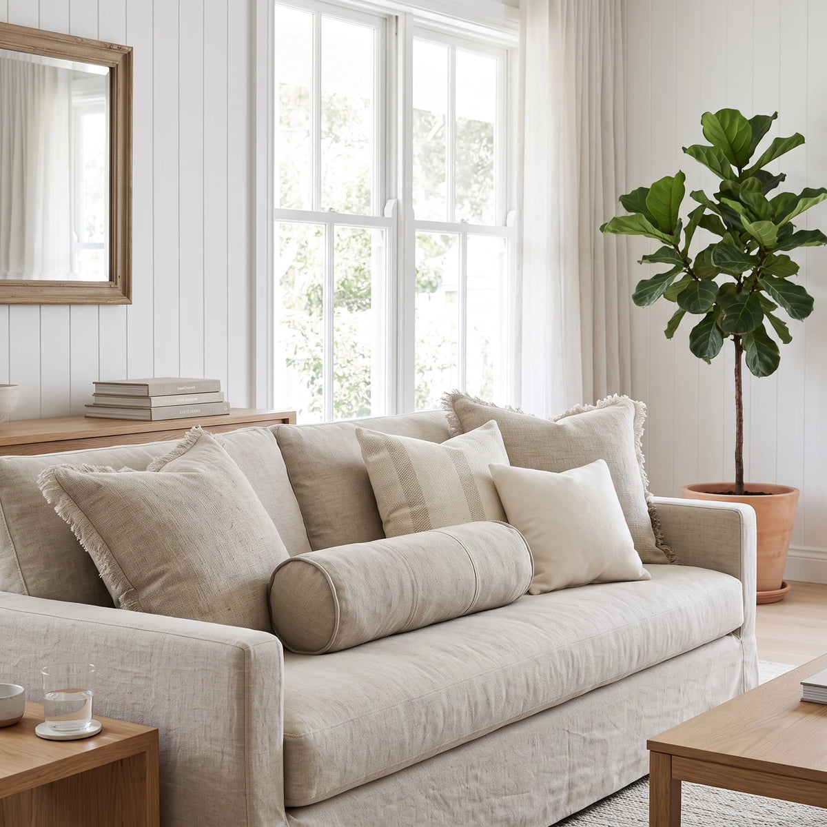 A light beige linen sofa in a bright, modern room with white paneled walls, a large potted fiddle-leaf fig plant, and a wooden side table.