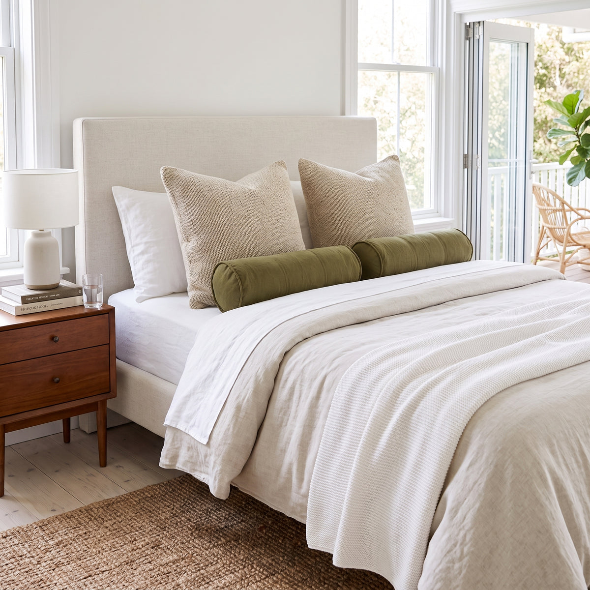 A neatly made bed in a bright, modern bedroom featuring a textured off-white duvet cover, matching pillows, two olive green cylindrical lumbar pillows, and a light wood headboard.