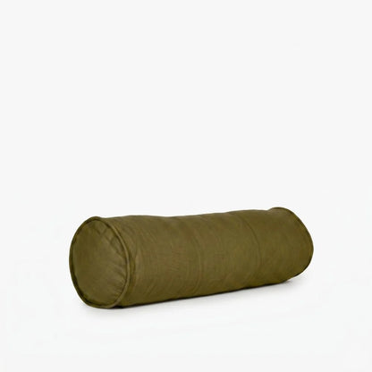 An olive green cylindrical bolster pillow shown on a plain white background.