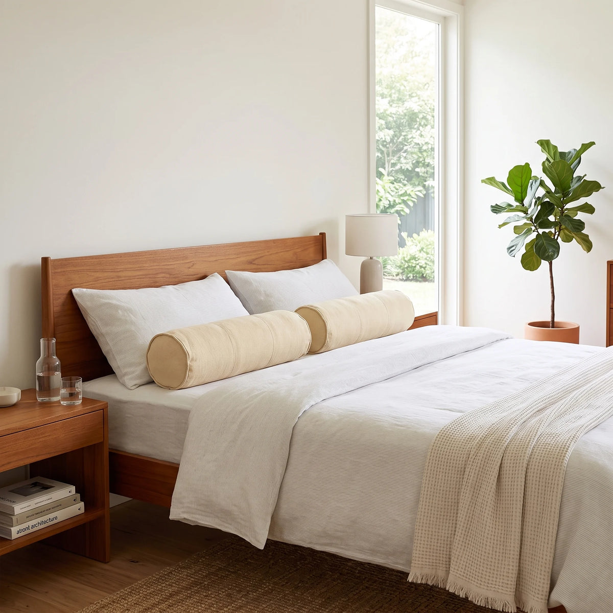 A neatly made bed in a bright, minimalist bedroom featuring a wooden headboard and matching bedside table, dressed in white and cream bedding with two beige cylindrical lumbar pillows. A tall green plant stands near the window in the background.