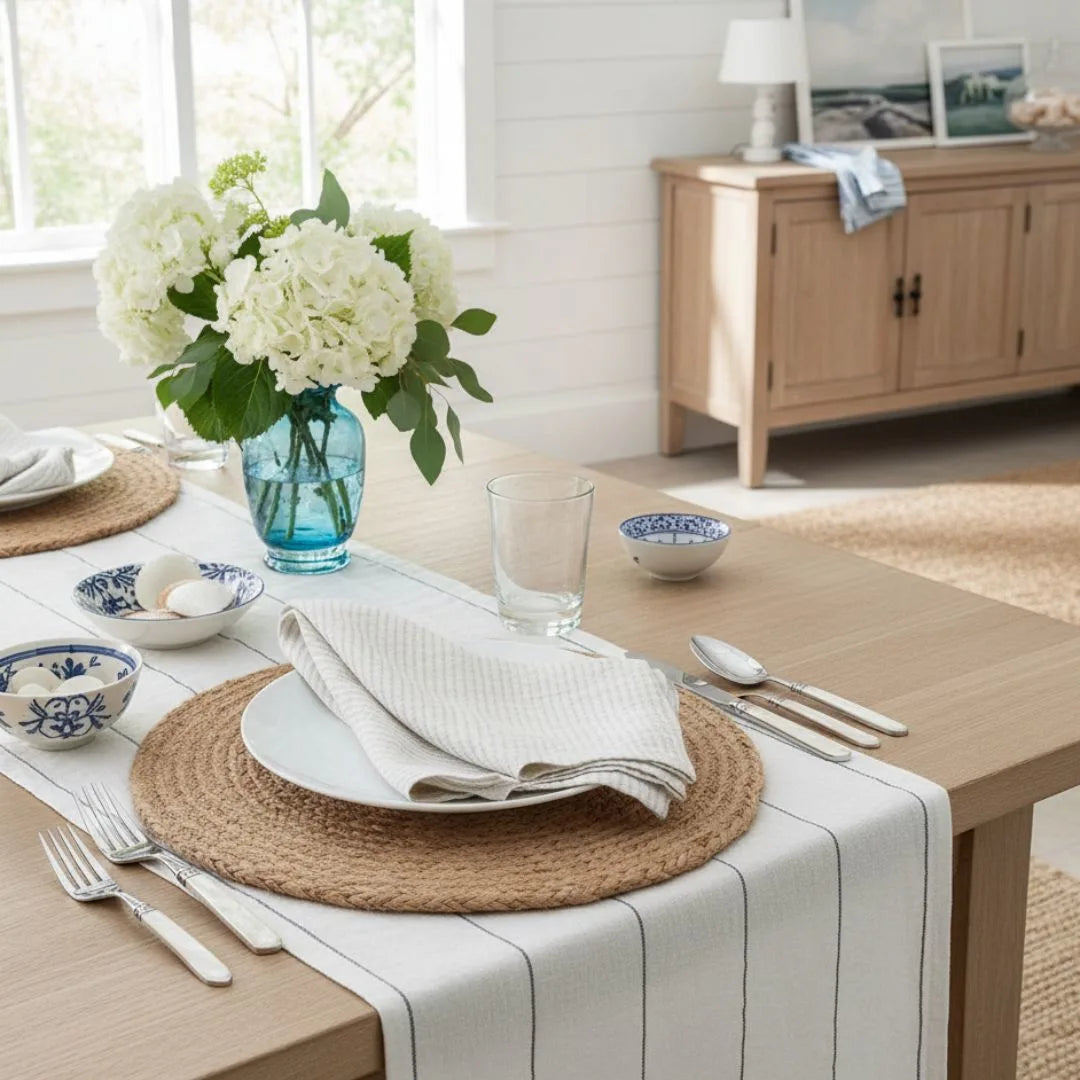 Dining table set with white flowers in a blue vase, white napkins, and silverware in a bright room.
