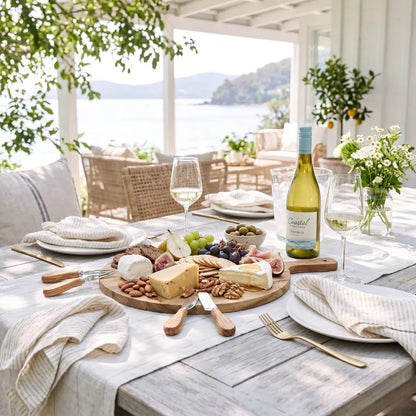 Outdoor dining table set with a cheeseboard, wine, and glasses by a waterfront.