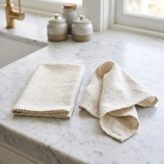 Folded beige towels on a marble kitchen counter with ceramic jars in the background.