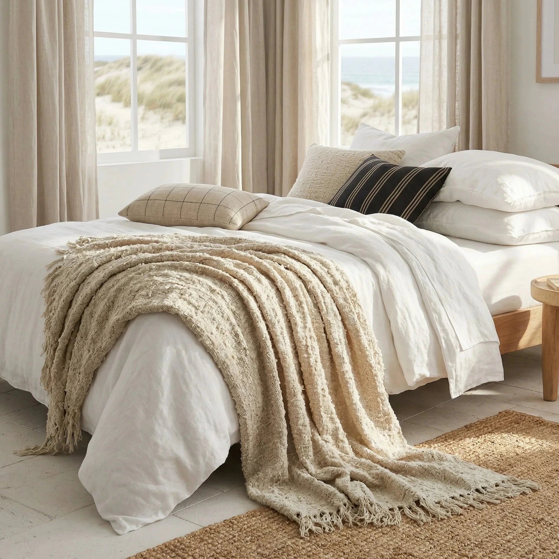 Neatly made bed with beige throw blanket in a bright bedroom with large windows.