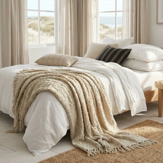 Neatly made bed with beige throw blanket in a bright bedroom with large windows.