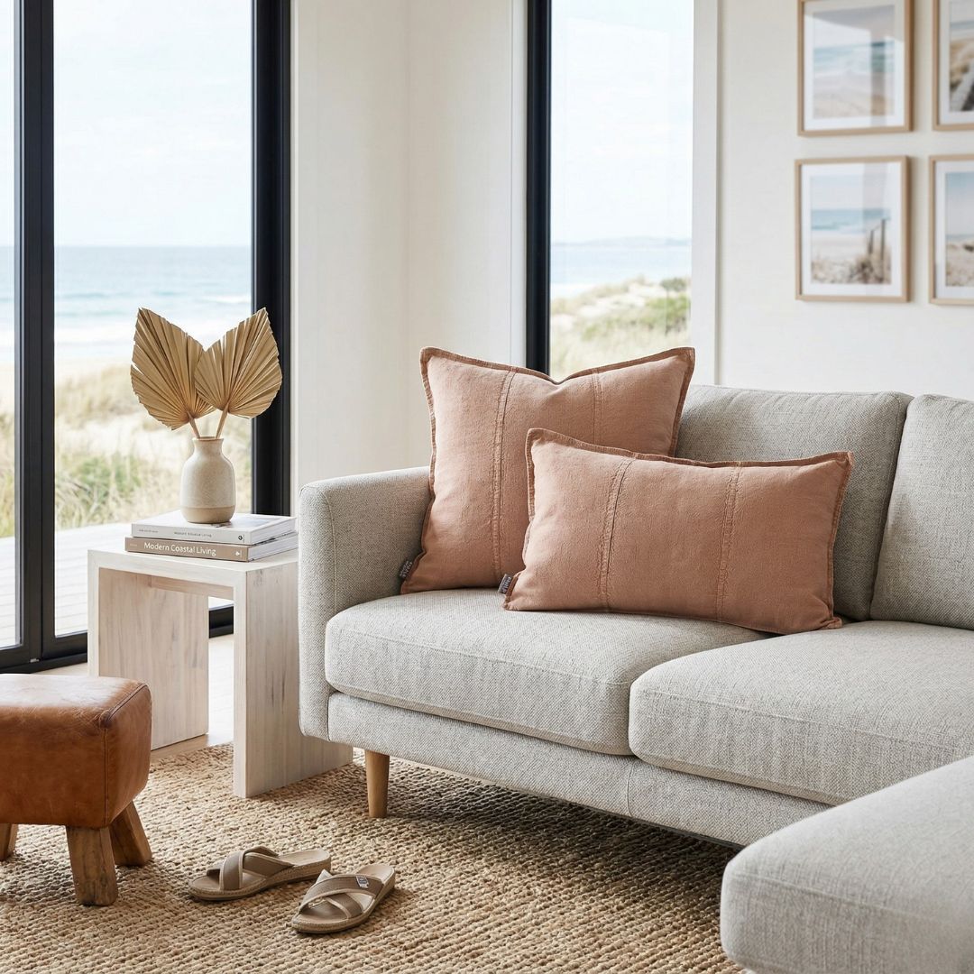Living room with a gray sofa, pink pillows, and a view of the ocean through large windows.