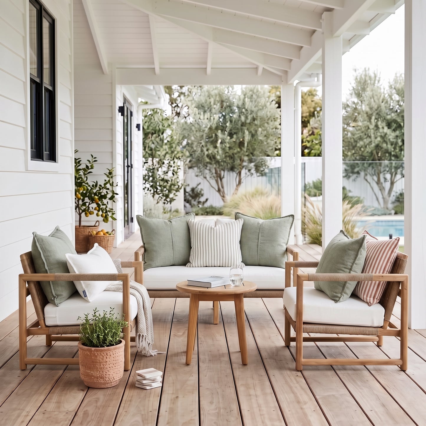 A styled outdoor patio seating set featuring a three-seat sofa, two wooden armchairs, a round wooden coffee table, and multiple decorative throw pillows, arranged on a wooden deck under a white porch with a garden and pool in the background.