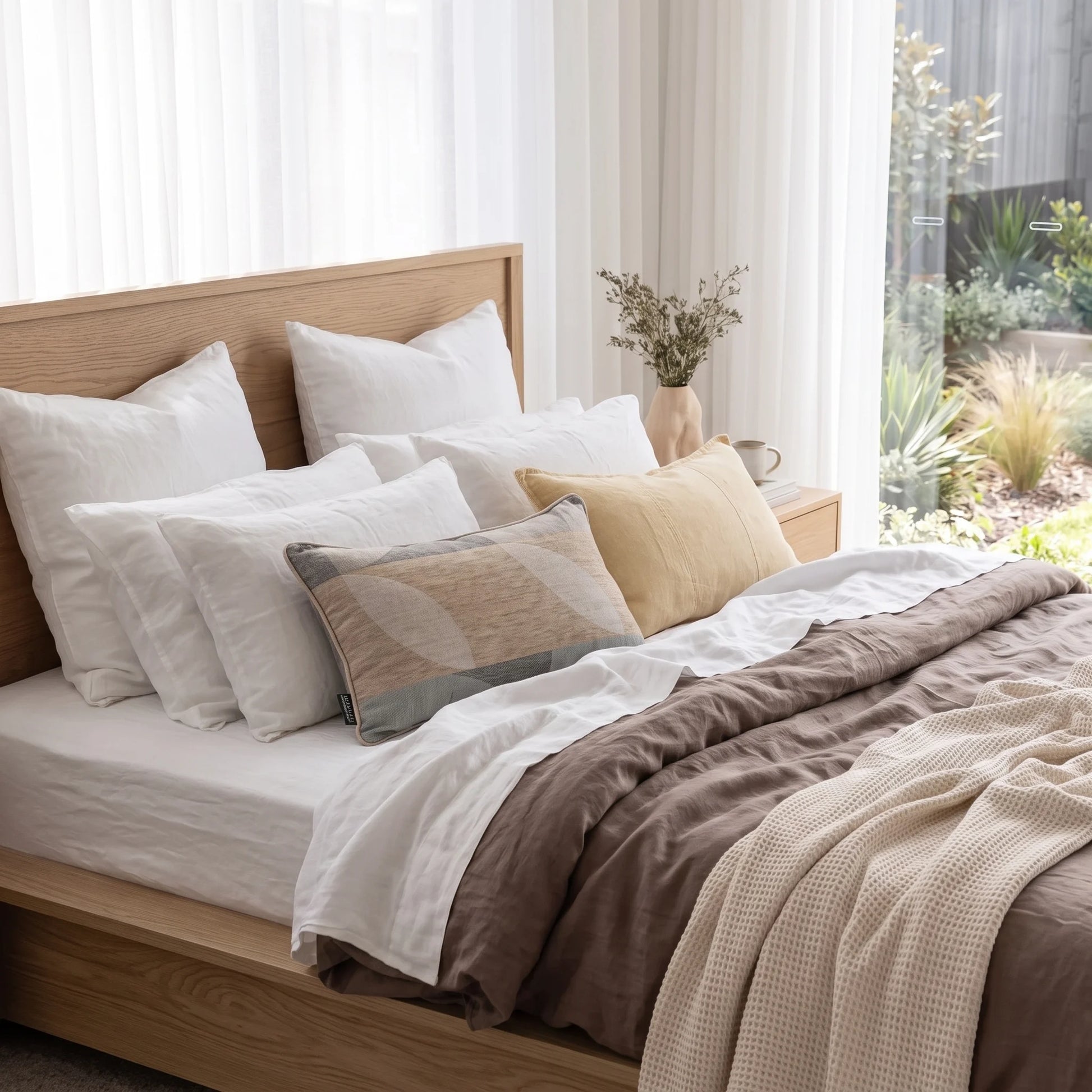 A neatly made bed in a bright bedroom with a light wood platform headboard, layered with white linens, a taupe-brown duvet, and two accent pillows in cream and beige. A small vase with dried stems sits on a matching nightstand beside sheer white curtains and a window looking out to a garden.