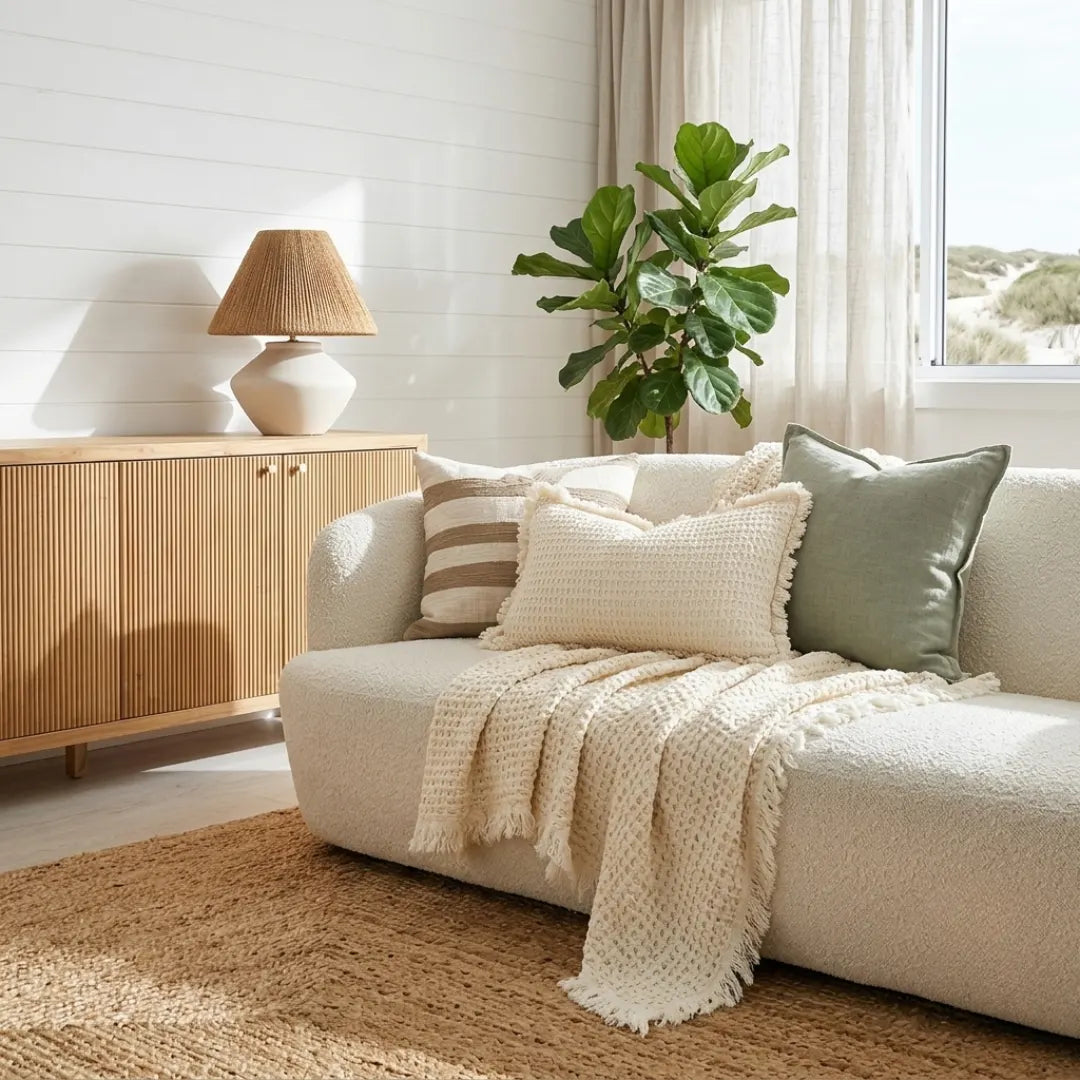 Cozy living room with a beige sofa, lamp, and plant