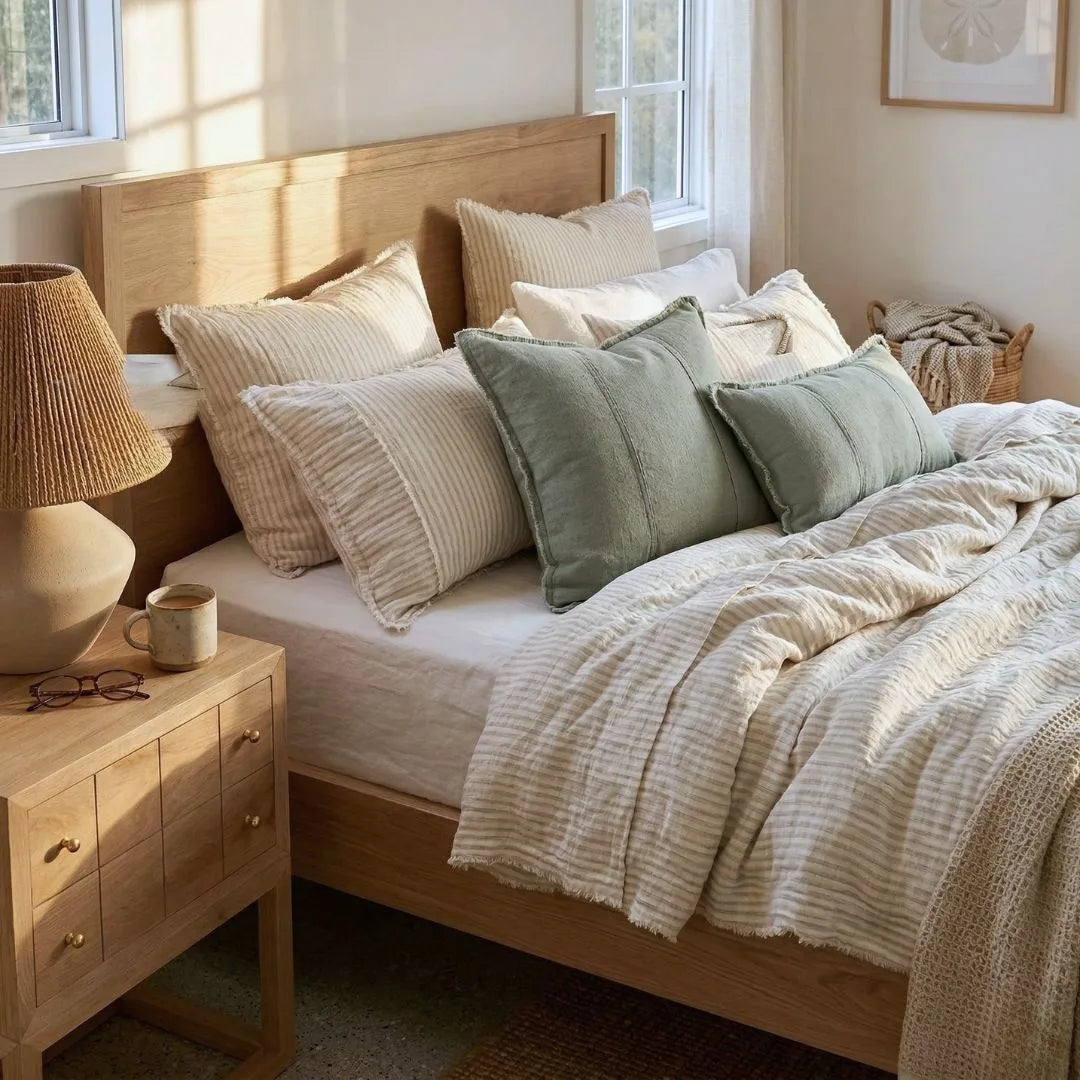 Bedroom with wooden bed, pillows, and a lamp on a nightstand.
