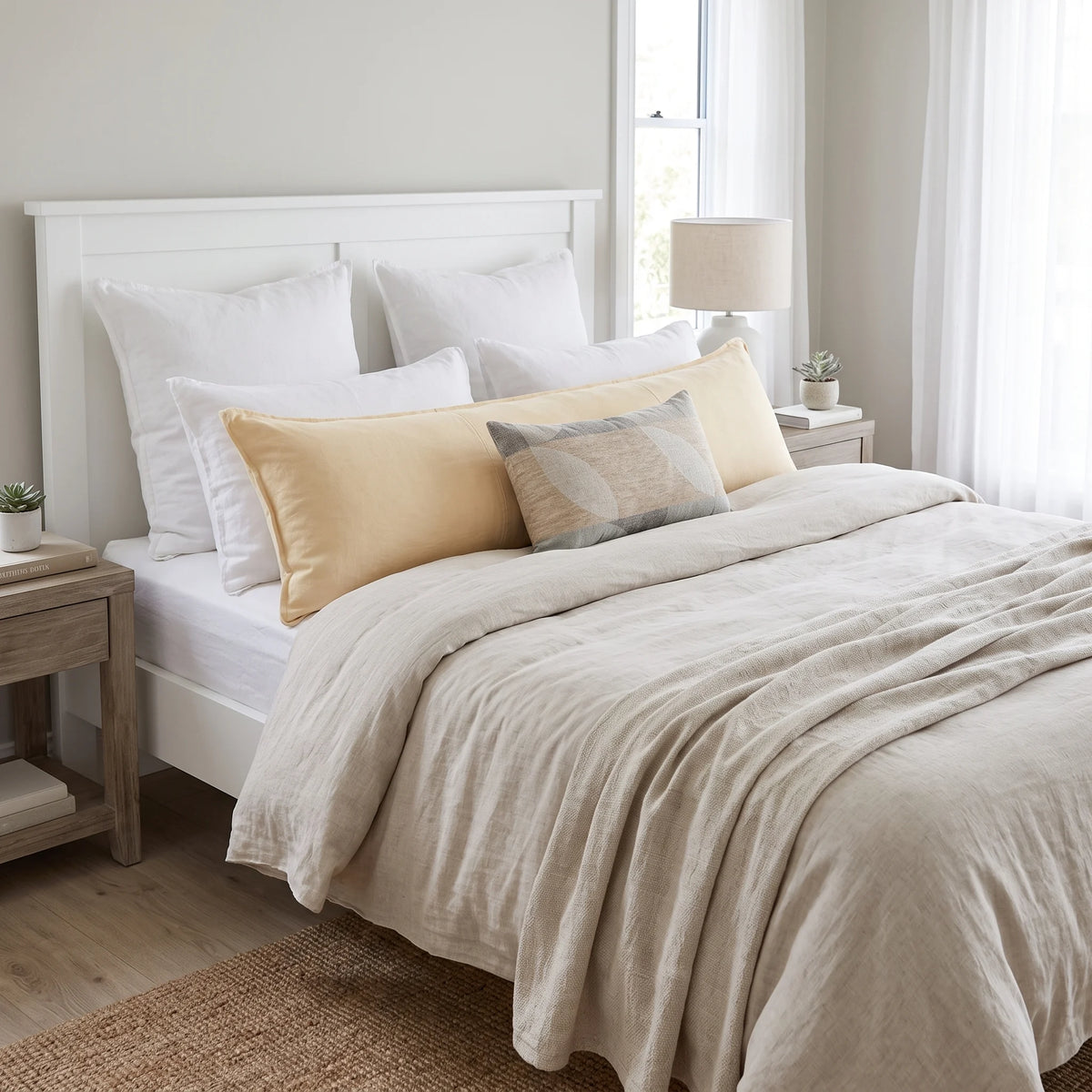 A neatly made bed in a bright bedroom, styled with a light beige linen duvet cover, cream and beige pillows, and a small gray accent pillow. The bed has a white headboard and is flanked by wooden nightstands with a lamp and small plants.