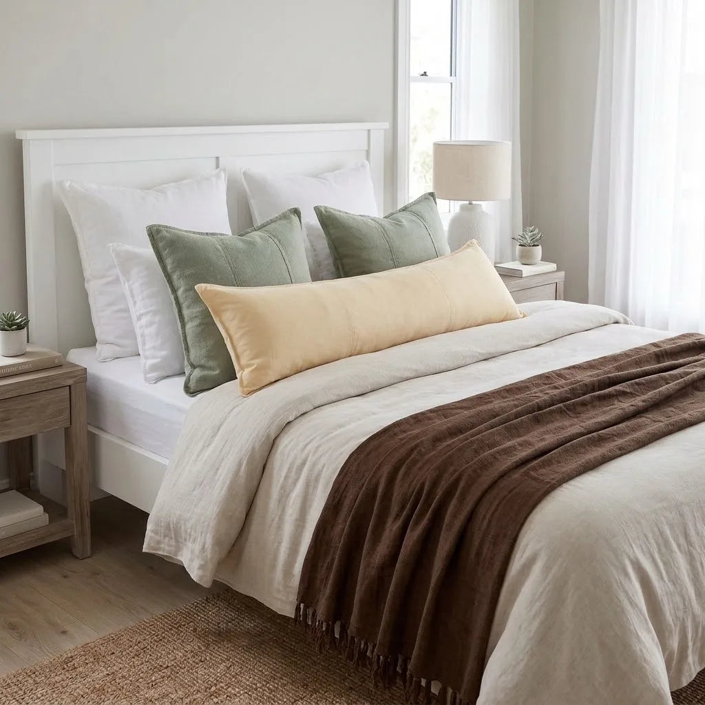 A neatly made bed in a bright bedroom with a white upholstered headboard, layered bedding in white and cream, two sage green pillows, a cream lumbar pillow, and a brown throw blanket draped across the foot of the bed.
