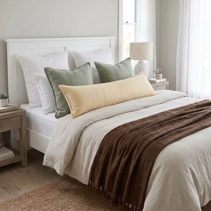 A neatly made bed in a bright bedroom with a white upholstered headboard, layered bedding in white and cream, two sage green pillows, a cream lumbar pillow, and a brown throw blanket draped across the foot of the bed.