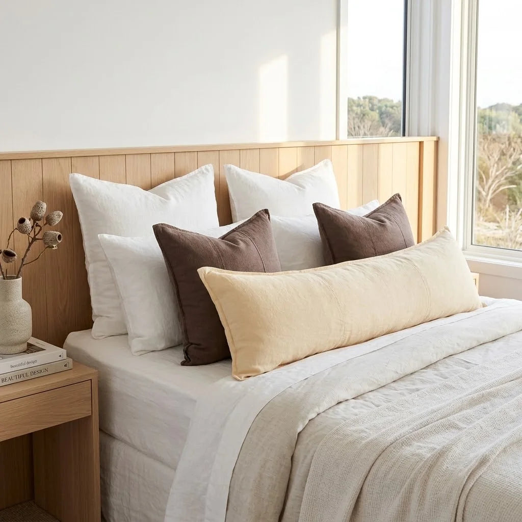 A styled bedroom scene with a bed dressed in white bedding and multiple pillows, including a long cream lumbar pillow, two dark brown pillows, and white pillows, set against a light wood headboard and a window.