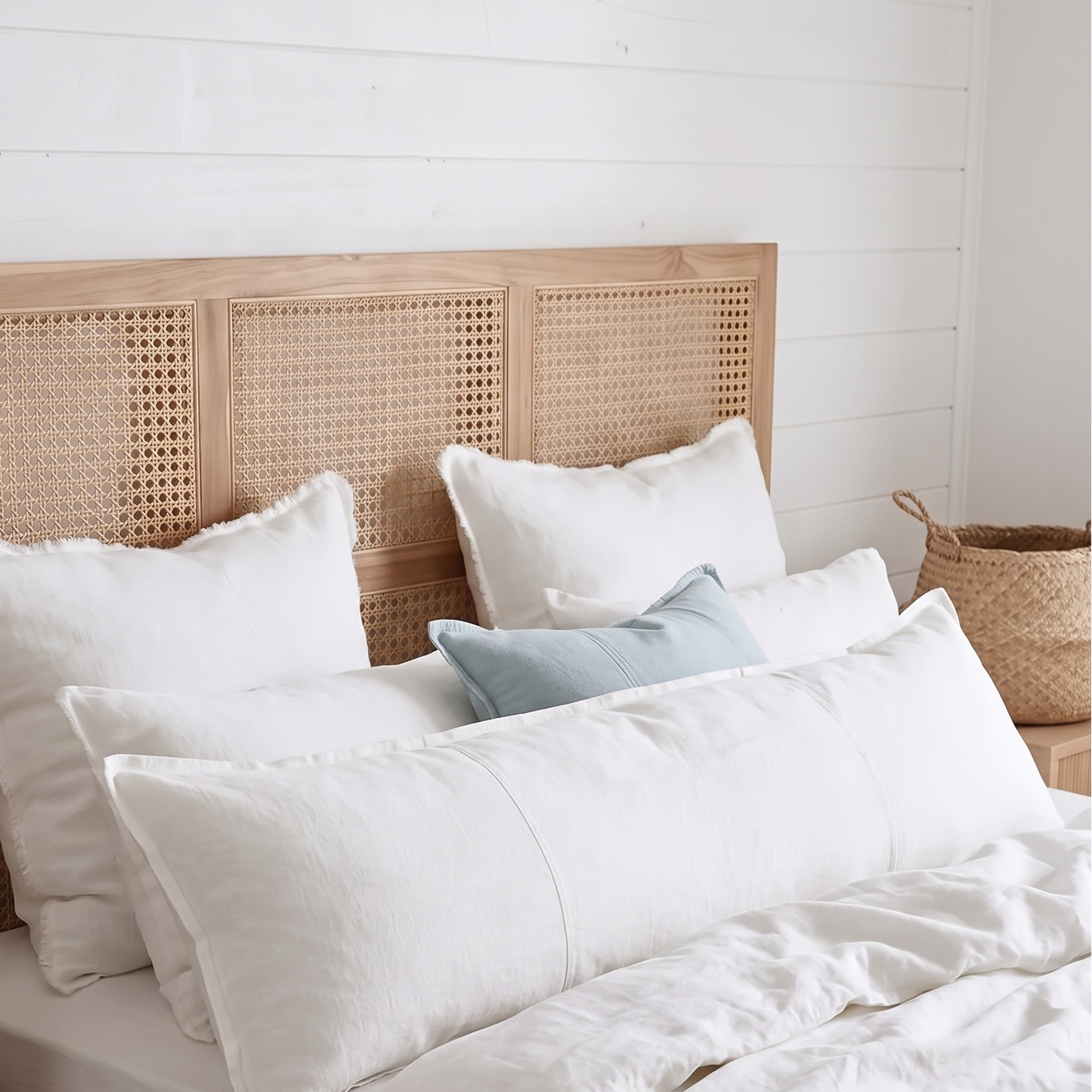 A neatly made bed with white bedding, a light wood headboard with woven cane panels, and a matching wood bedside table holding a lamp and books in a bright bedroom.