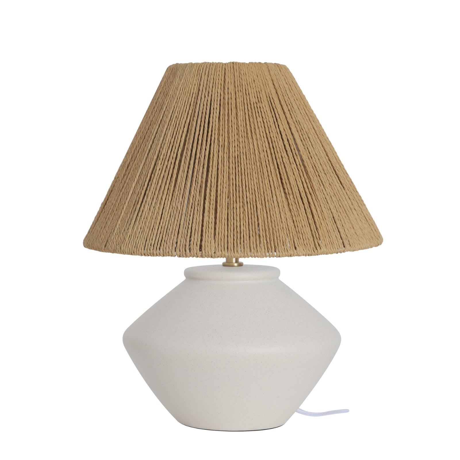 Table lamp with a raffia woven shade on a white background