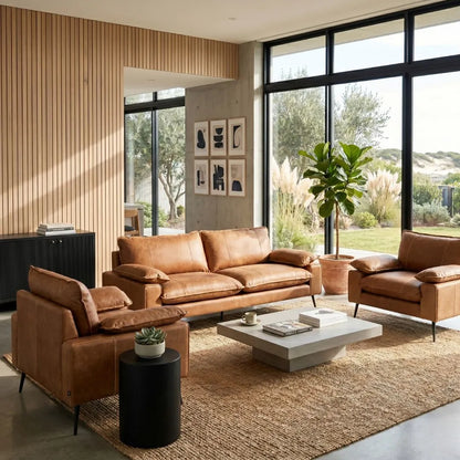 Modern living room with brown leather sofa, coffee table, and large windows.