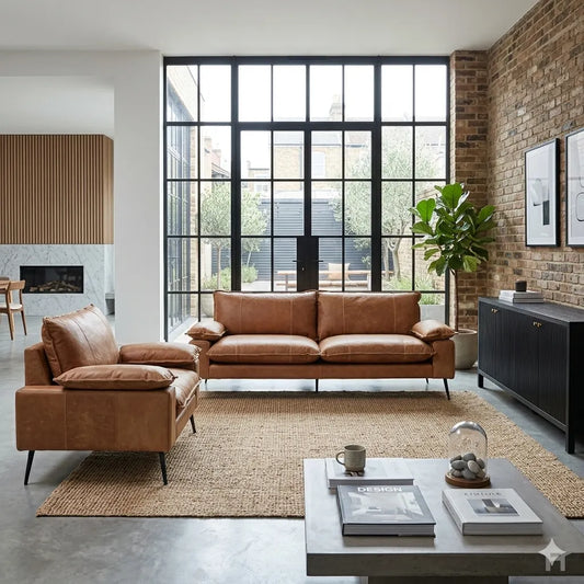 Modern living room with brown leather sofa, coffee table, and large windows.