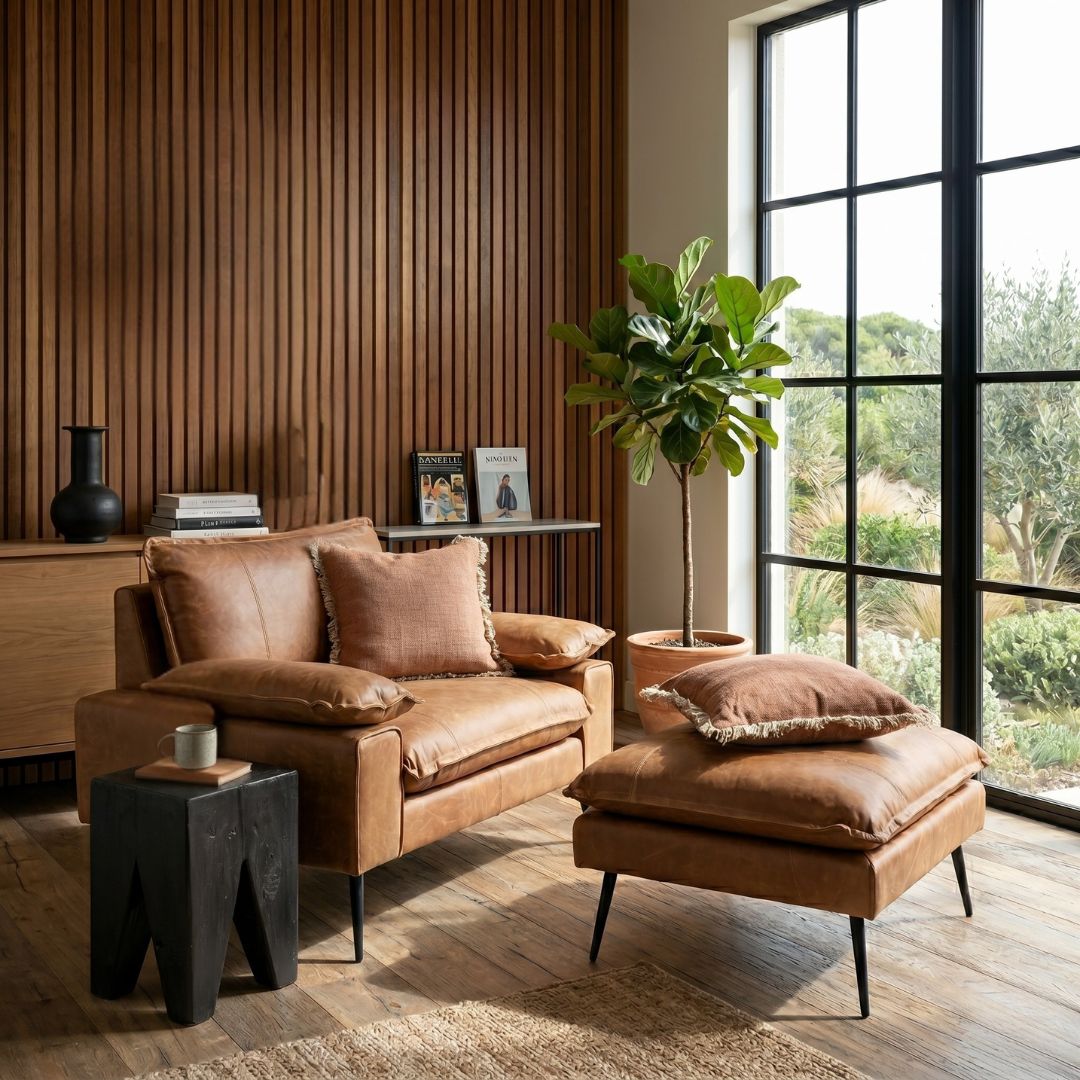 Brown leather sofa and ottoman in a living room with wooden walls and large windows.