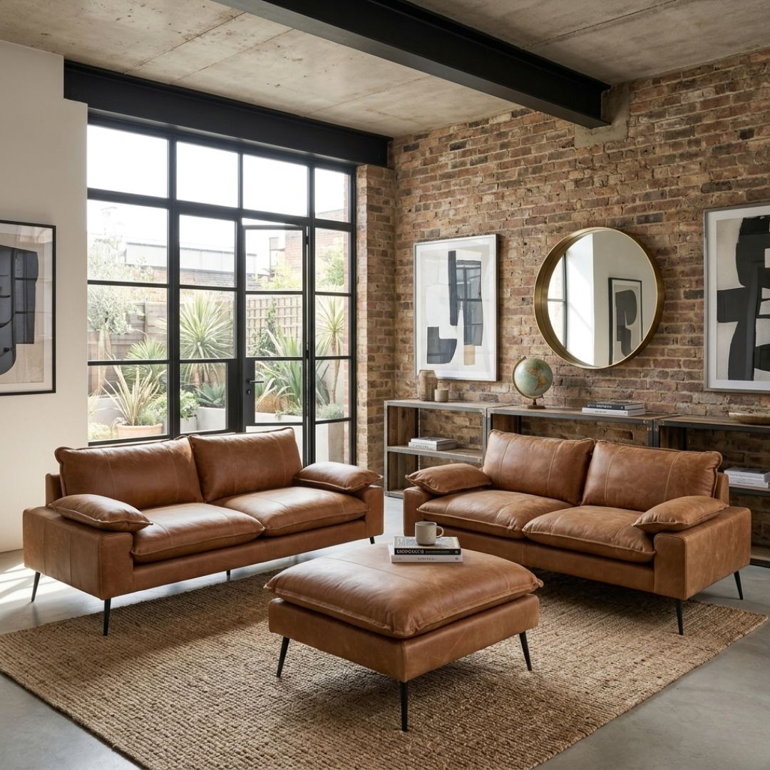 Brown leather sofa set in a modern living room with brick wall and large windows.