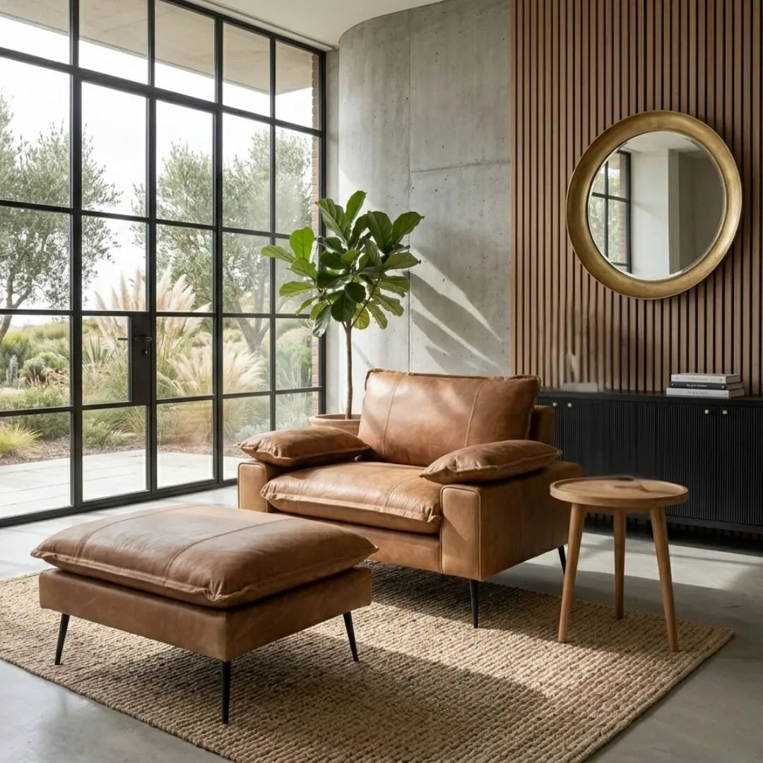 Modern living room with brown leather sofa, ottoman, and round mirror.