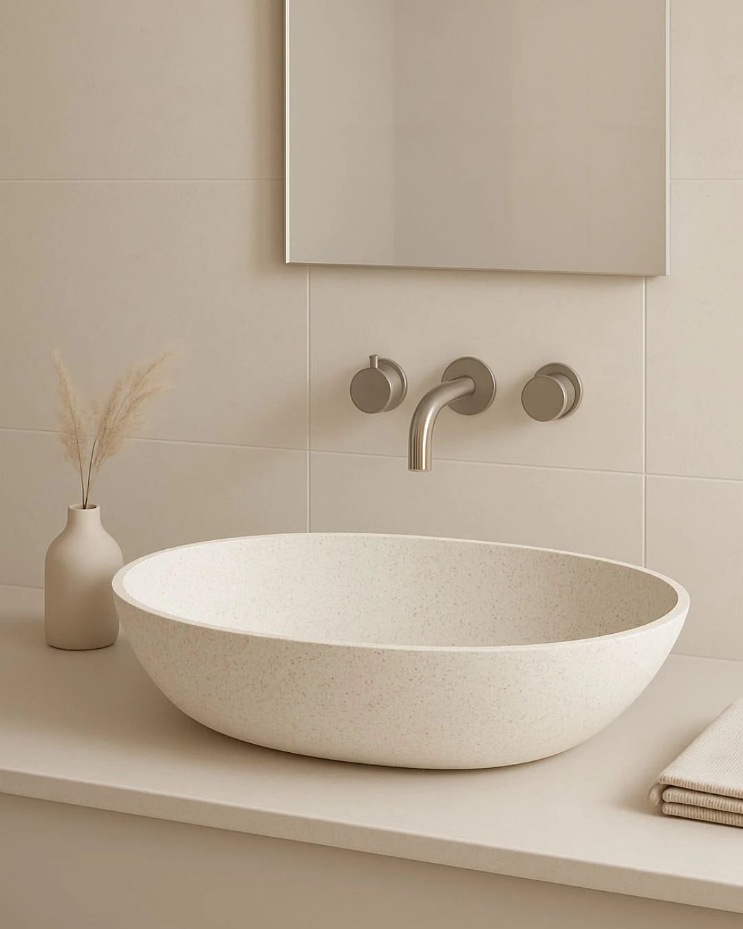 Modern bathroom with a white sink and metallic faucet against a beige tiled wall.