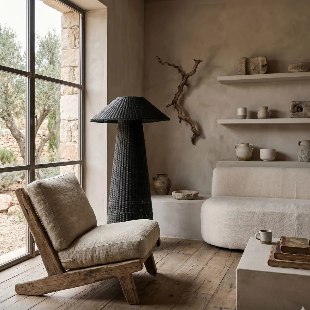 Malawi Cane Floor Lamp in Black in a living room setting