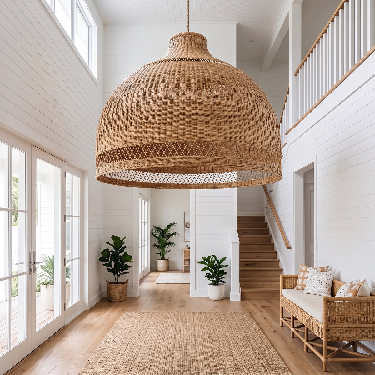 A large woven natural rattan dome pendant light hanging in a bright, modern white shingle hallway with wood floors, plants, and a staircase.