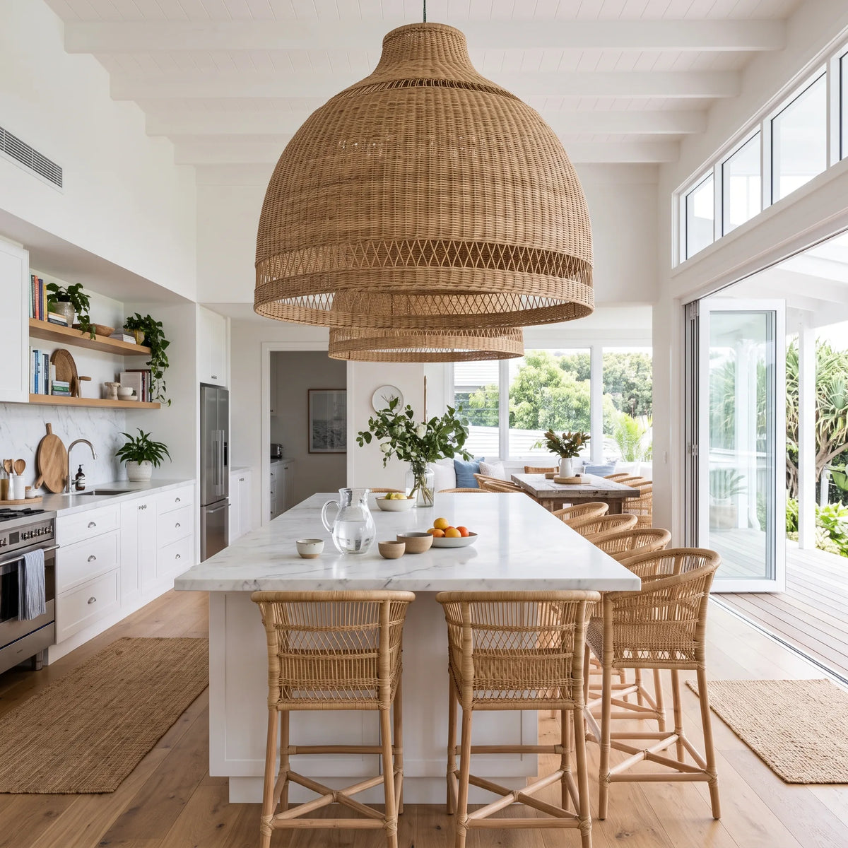 A large woven rattan pendant light hangs over a white kitchen island in a bright, modern kitchen with wood floors, white cabinetry, and large windows.