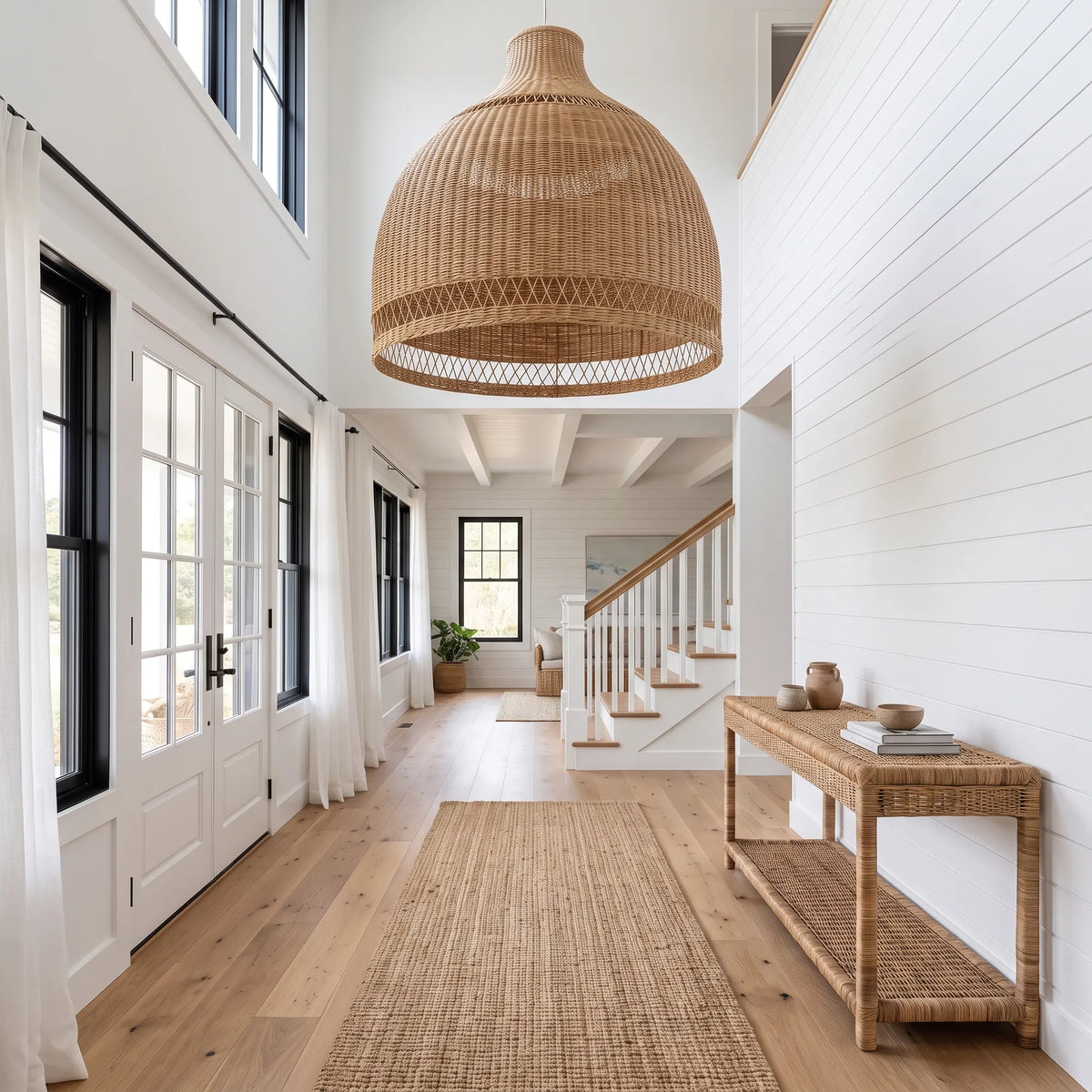A large woven rattan dome pendant light hangs in a bright, modern white hallway with wood floors, a console table, and a staircase in the background.