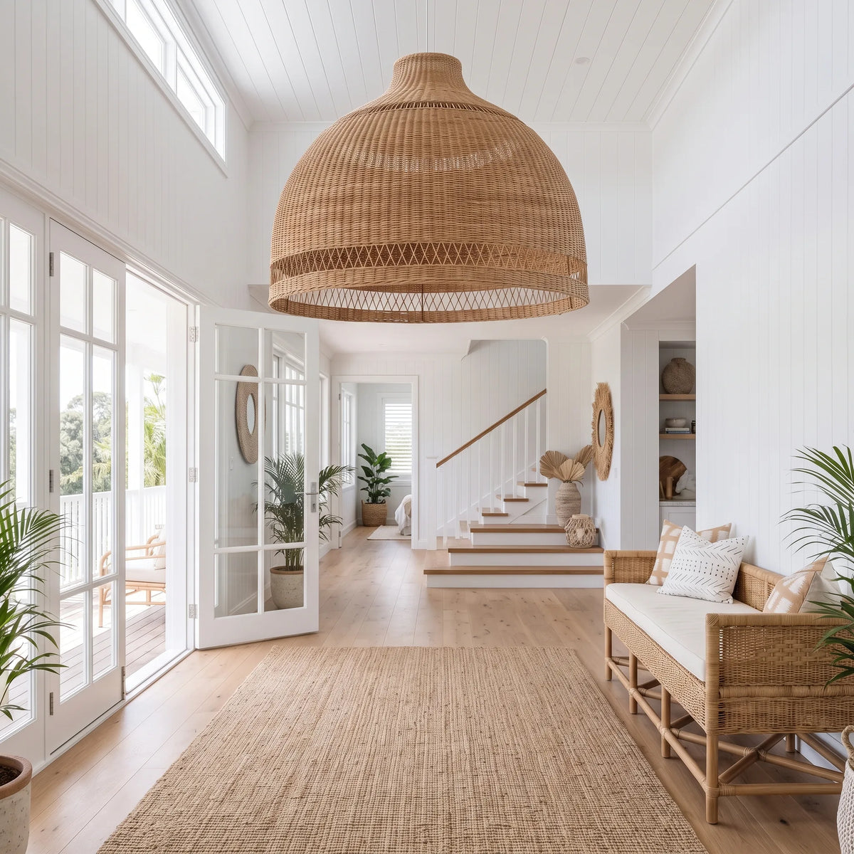 A large woven natural rattan dome pendant light hangs in a bright, modern white hallway with wood floors, a staircase, and a matching woven bench.