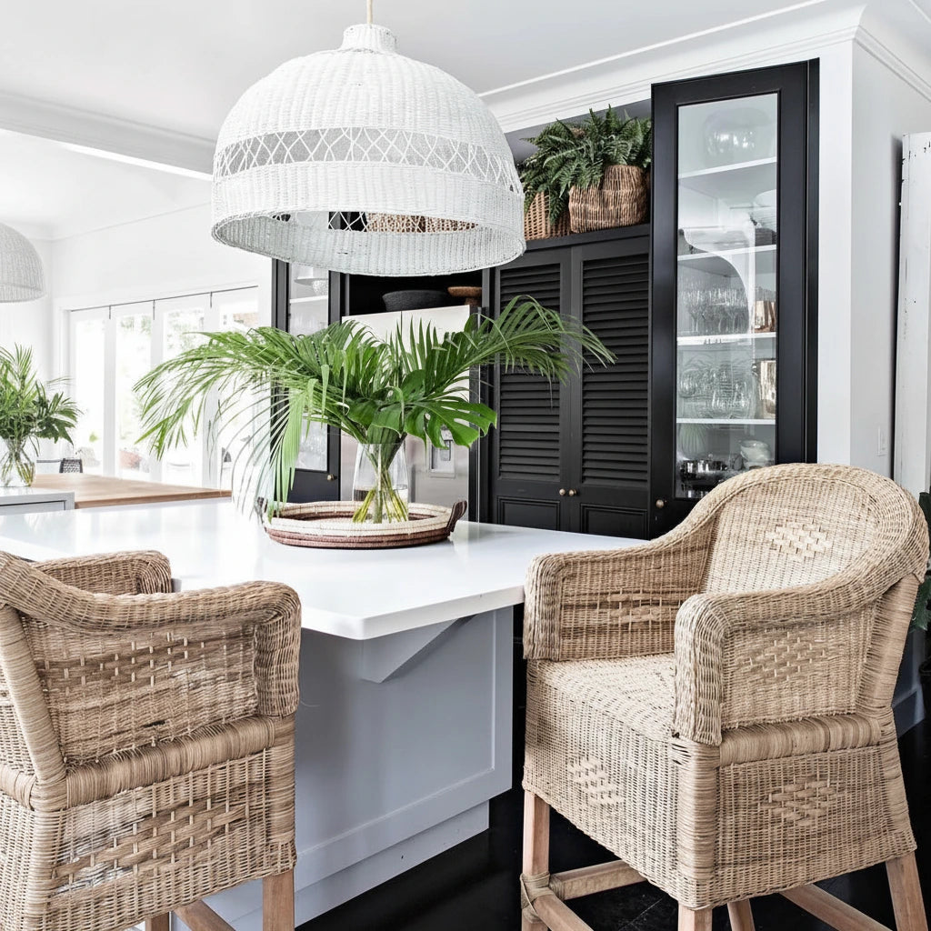 Dining area with wicker chairs, white table, and pendant light in a modern kitchen.