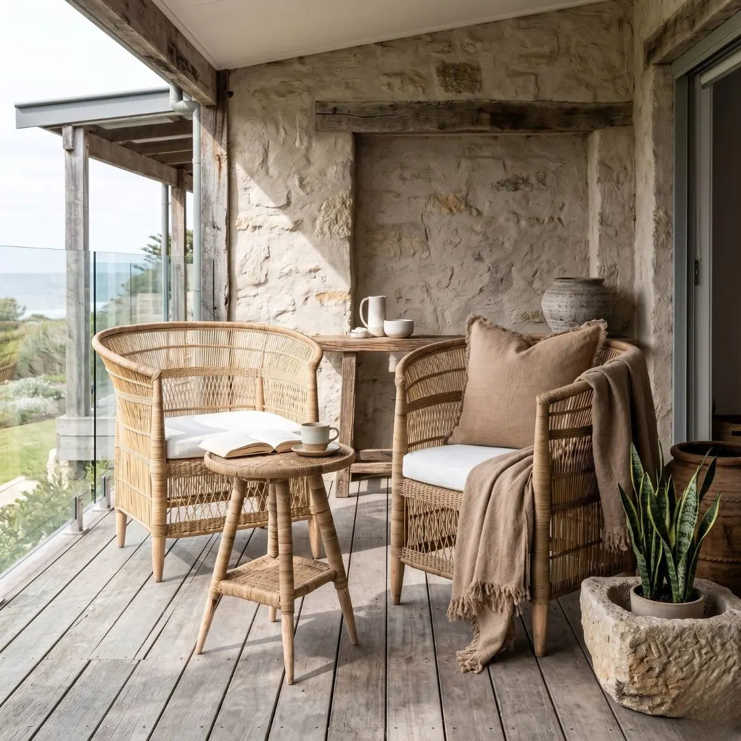 Outdoor seating area with wicker chairs, small table, and decorative elements on a wooden deck.