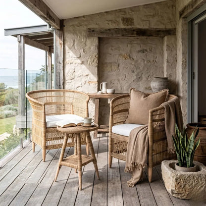 Outdoor seating area with wicker chairs, small table, and decorative elements on a wooden deck.