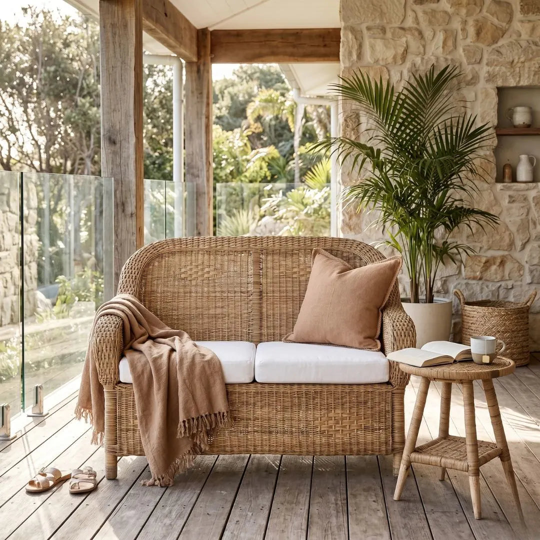 Wicker sofa with cushions and a blanket on a wooden deck with a stone wall and plants in the background.